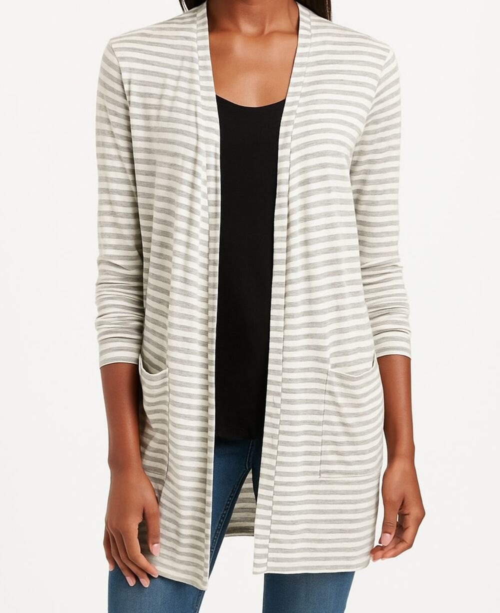 Ann Taylor LOFT Open Front Gray White Striped Cardigan Sweater Rayon Spandex